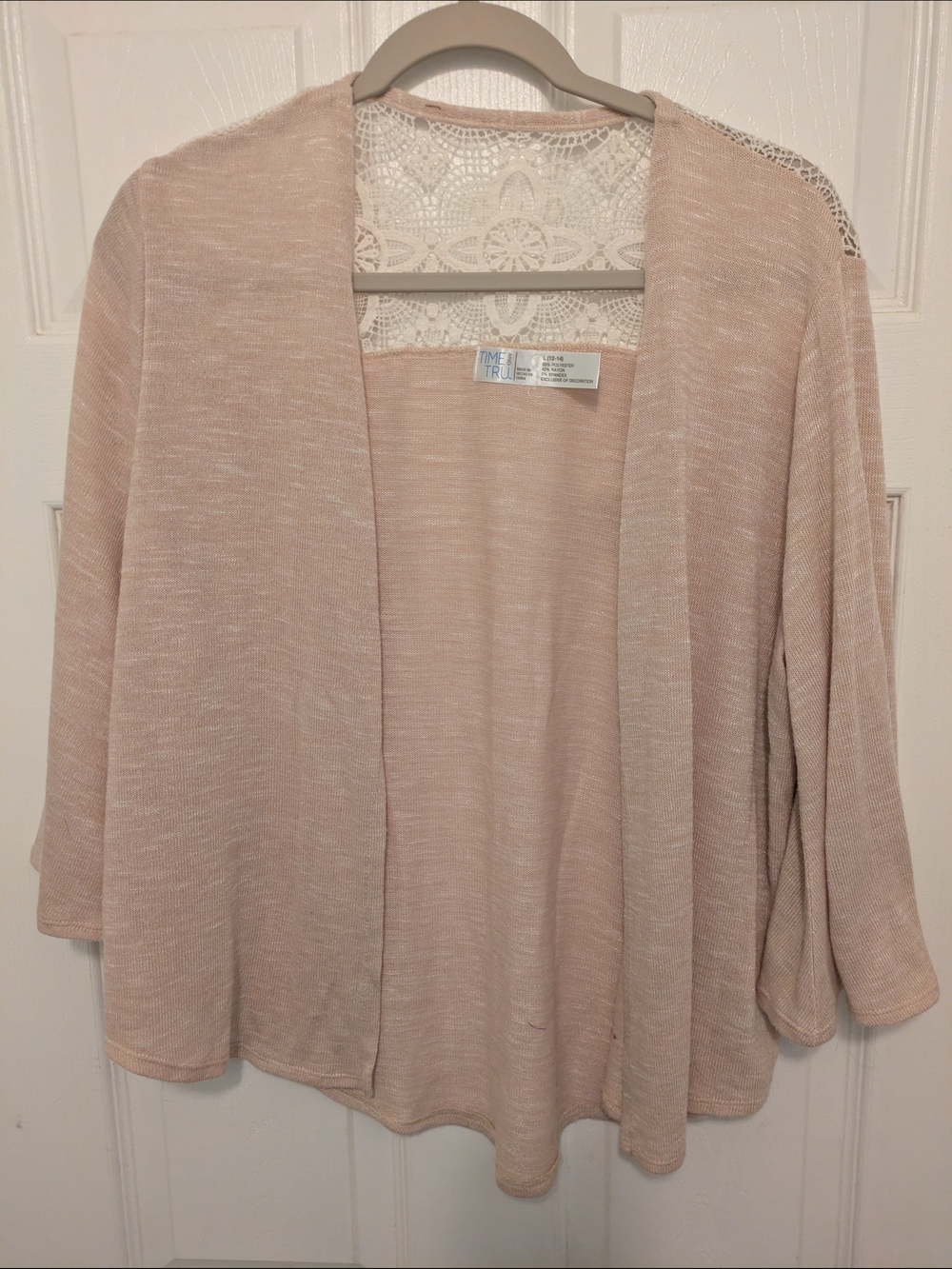 Time and Tru Cream Colored Open Cardigan with Lace Yoke